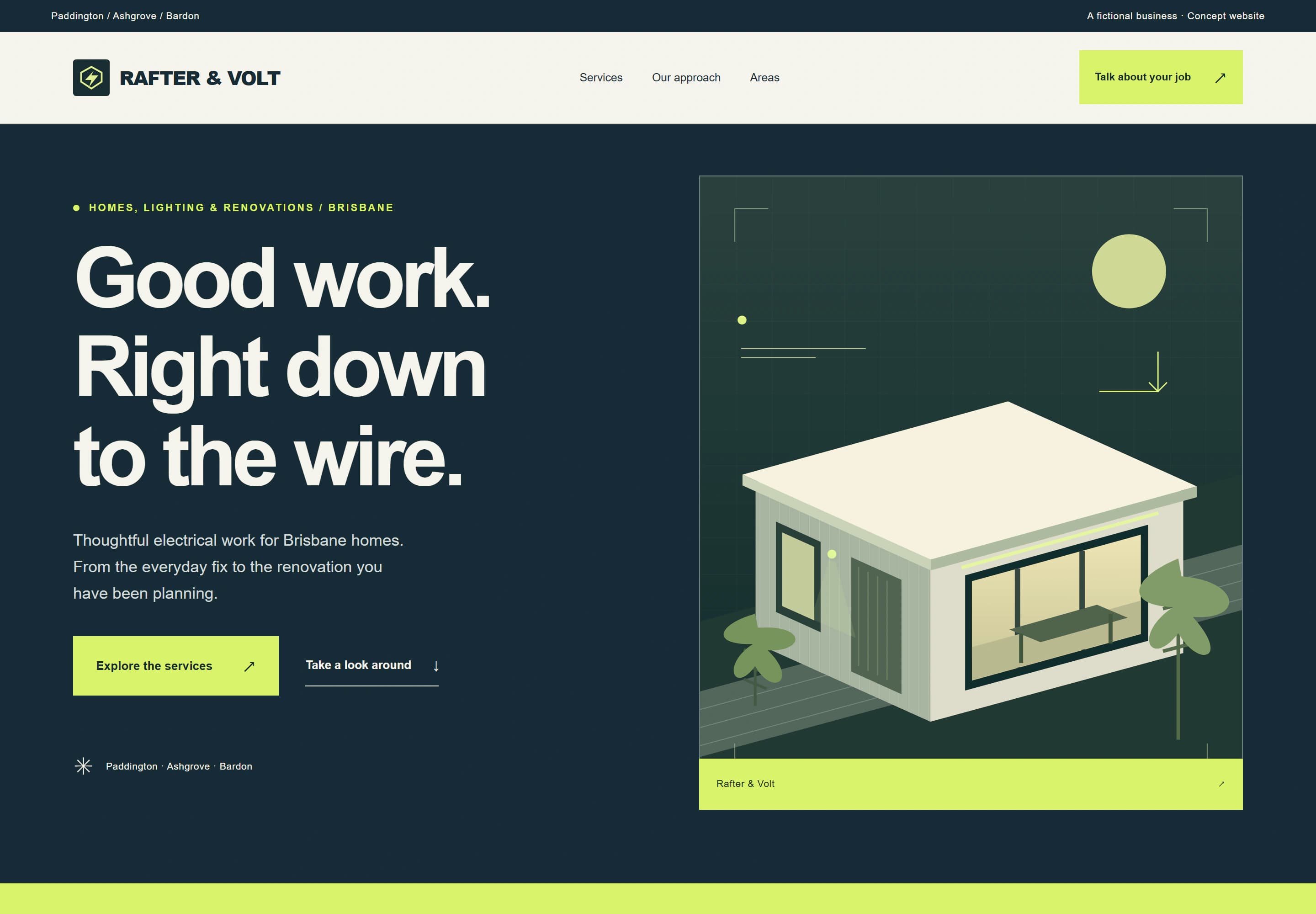 Rafter & Volt, a fictional trades concept: bold & practical website design.